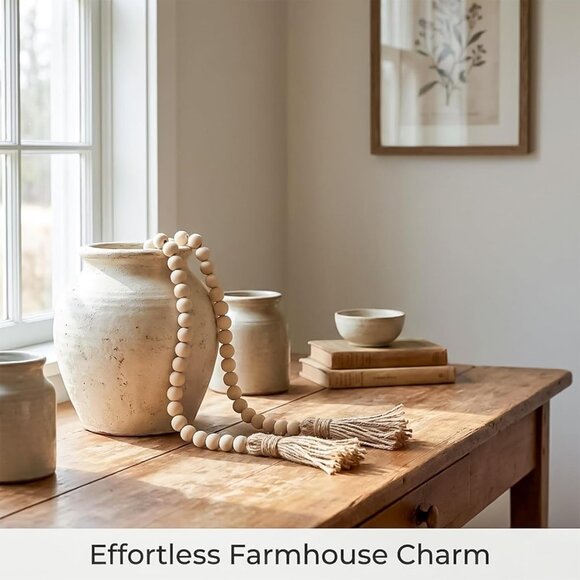 Wood Bead Garland with Tassels - 2PCS Farmhouse Rustic Country Decorative Beads - Picture 4 of 7